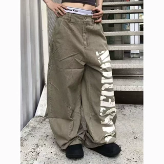 美式复古解构水洗印花牛仔裤男女cleanfit休闲宽松阔腿情侣工装裤