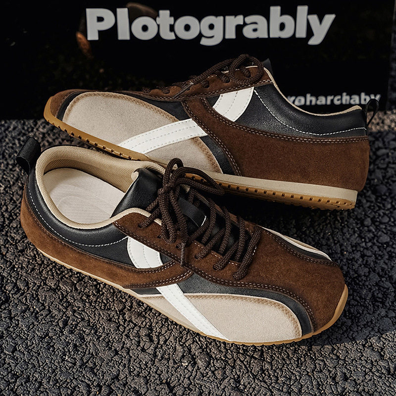 Giày sneaker nam , da tổng hợp phối lưới, đế cao 2,5 cm, buộc dây — Màu cà phê đậm
