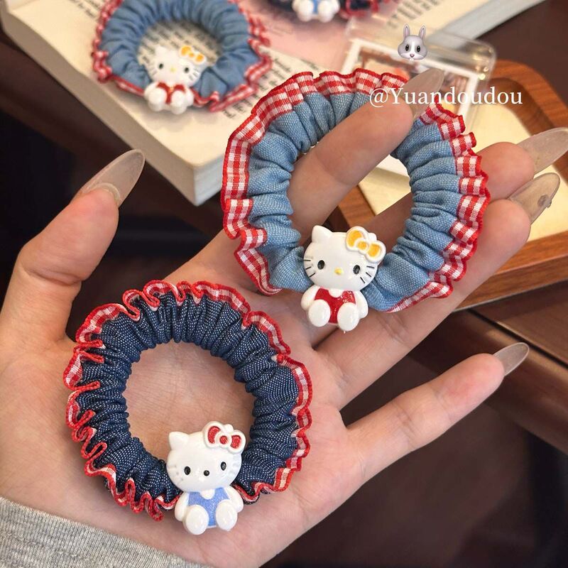 甜美可爱kitty猫牛仔肠圈女孩软萌简约KT小猫发圈扎发高马尾头绳|undefined