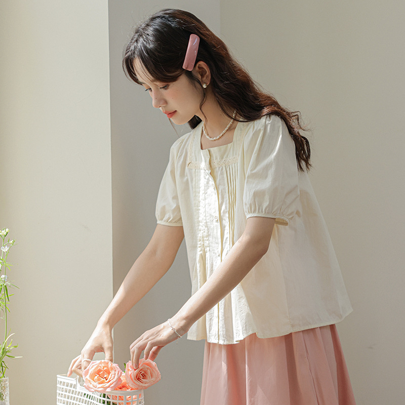 Summer Style Gentle Square Collar Lace Splicing Shirt Loose Solid Color Pleated Puff Short-sleeved Shirt For Women