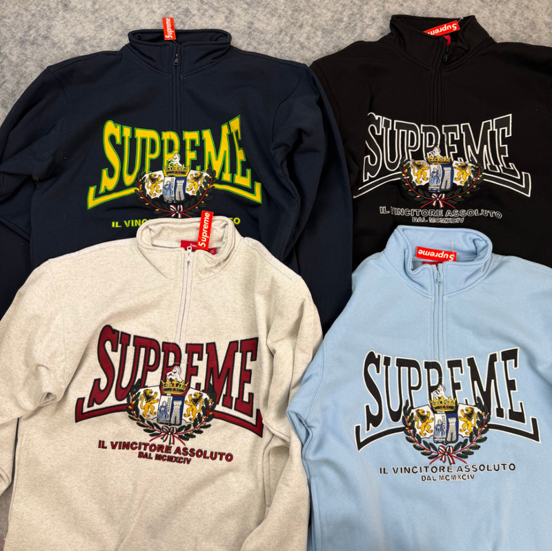 In Stock Supreme 25Fw Crest Half Zip Pullover Sweatshirt with Badge Patch and Half-Zip Closure