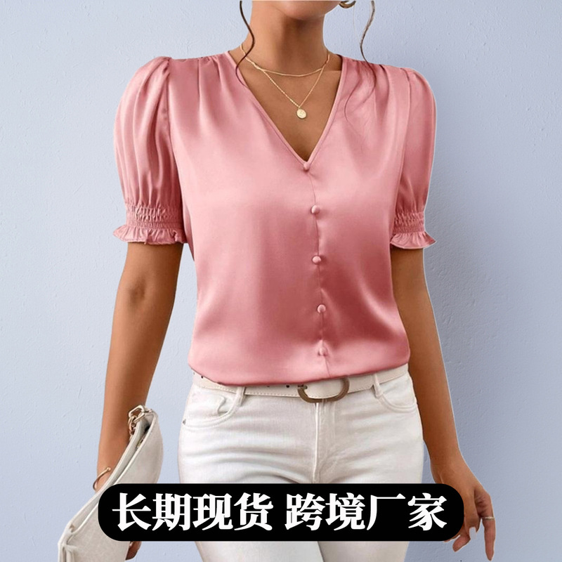 Foreign Trade European and American Clothing Satin Shirt Imitation Silk V Neck Button French Casual Short-Sleeved Ruffle Shirt Foreign Trade European and American Clothing Satin Shirt Imitation Silk V Neck Button French Casual Short-Sleeved Ruffle Shirt