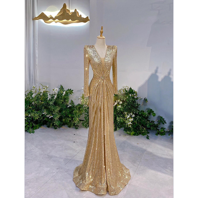 Evening Dress Host 2026 Dignified and Elegant Socialite Party Vocal Arts Exam Performance Dress Long-Sleeved Toast Dress