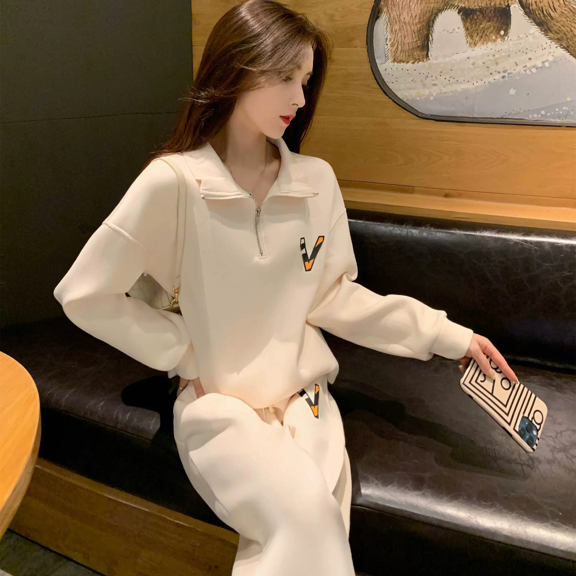 폴로 칼라 스웨트 셔츠 세트 여성의 봄과 가을 새로운 서양식 연령 감소 캐주얼 스포츠 할란 팬츠 프라이드 스트리트 투피스 세트