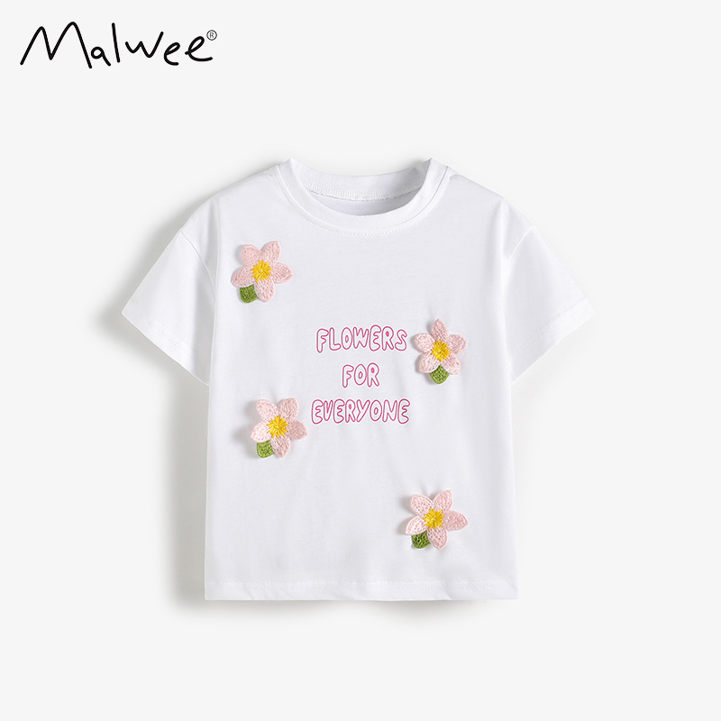 Malwee niñas de manga corta verano nuevo estilo europeo y americano niños pequeños y medianos cuello redondo casual linda niña camiseta top