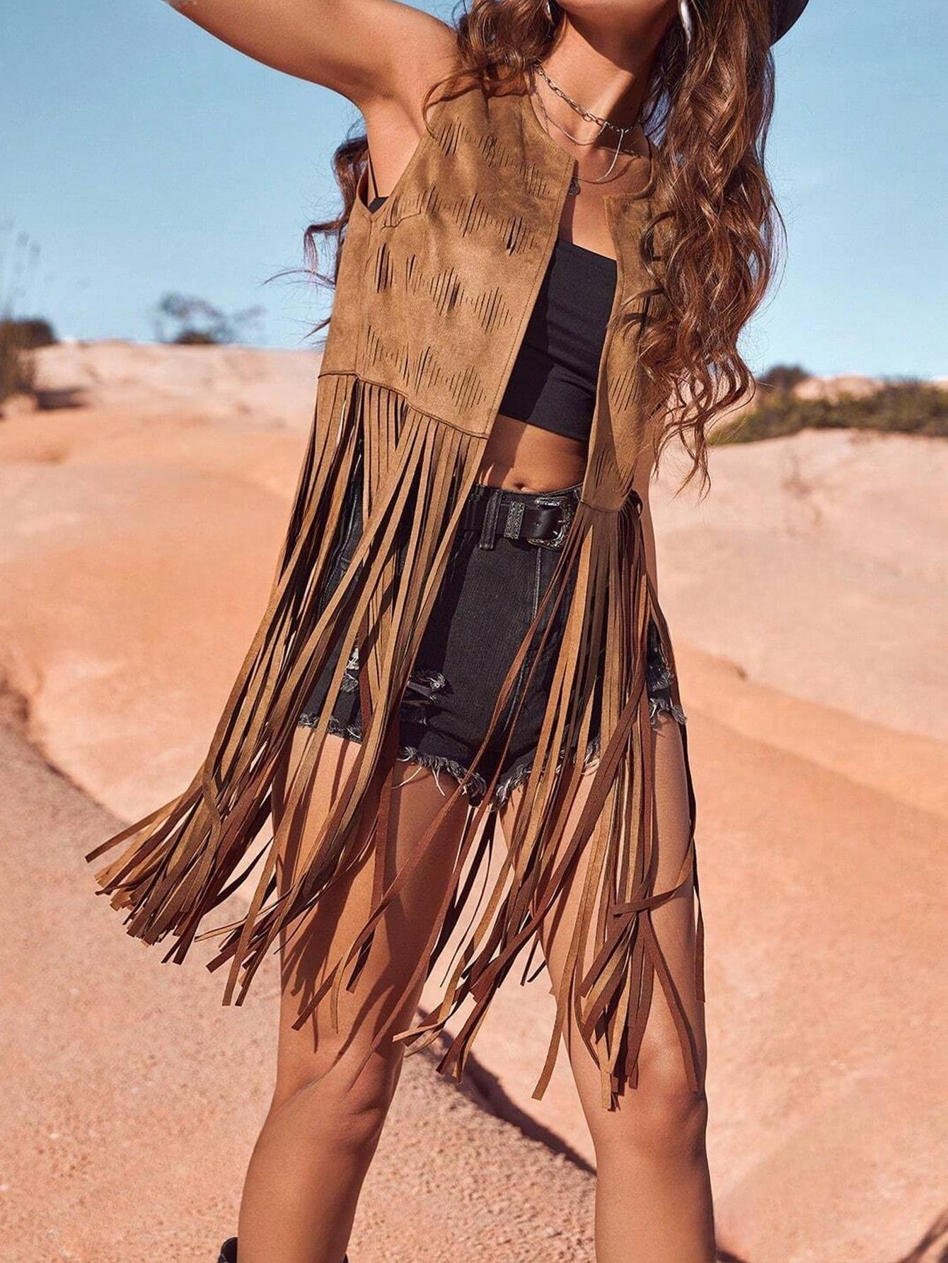 Chaleco de borla de mujer transfronteriza europea y americana sin mangas hippie chaqueta de borla de gamuza