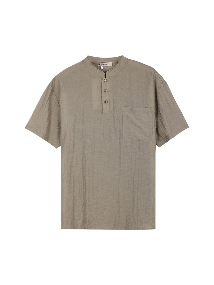 Camisa de manga corta de color sólido con cuello woffge Henry de gama alta Camiseta de verano para hombre Camisa de lino transpirable delgada suelta