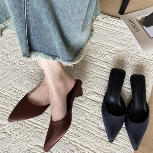 French Catwalk Style Pointed Toe Triangle Thick Heel Silks and Satins Half Slippers for Women Summer Outer Wear Fairy Lazy Sandals Sandals