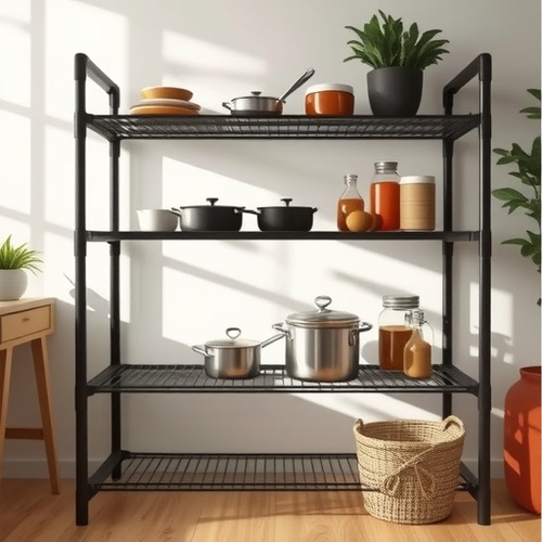 Kitchen with handle hooks, spice organizer rack, microwave shelf, widened and thickened oven, bread machine shelf