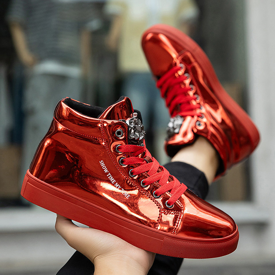 Giày sneaker nam cổ cao da bóng phong cách Hàn Quốc, giày thể thao thời trang cá tính — Bạc, màu xanh, màu đen, màu đỏ chi tiết 22