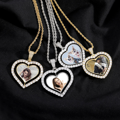 European and American Hip-Hop Heart Rotatable Photo Pendant Necklace for Men and Women, Personal Custom Made Frame Double-Sided Hip-Hop Necklace