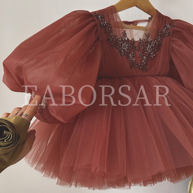 Puff Sleeve Princess Dress 2026 New Style Mesh Skirt for Toddlers and Children, One-Year-Old Birthday Dress for Baby Girls, Christmas