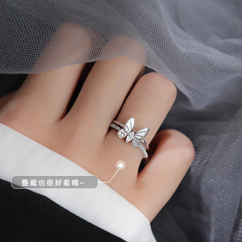 开口立体蝴蝶戒指韩版小众设计昆虫个性套装组合无名指闪钻指环女