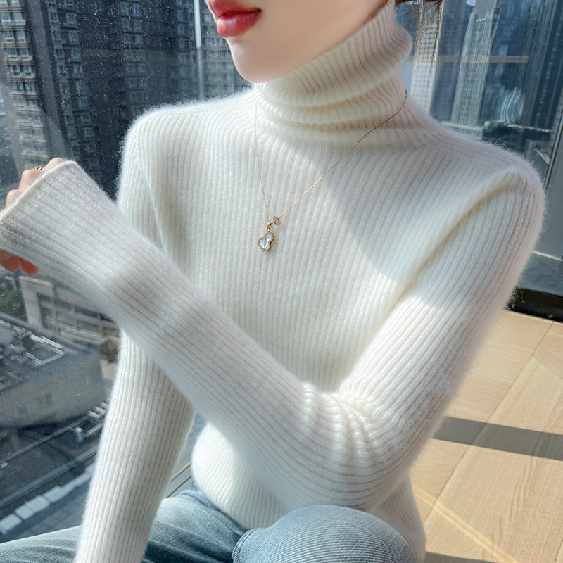 毛衣显瘦抽条厚款秋冬新款高翻领100羊毛女修身百搭针织打底套头|undefined