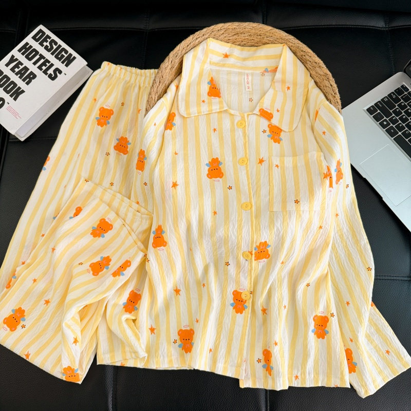 Transfronterizo al por mayor lindos rayas amarillas osos impresión pijamas de primavera y otoño nuevos pantalones de mangas largas set de ropa para el hogar