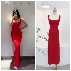 8138卡戴珊针织连衣裙秋季方领遮副乳蕾丝花边设计显瘦内搭长裙女