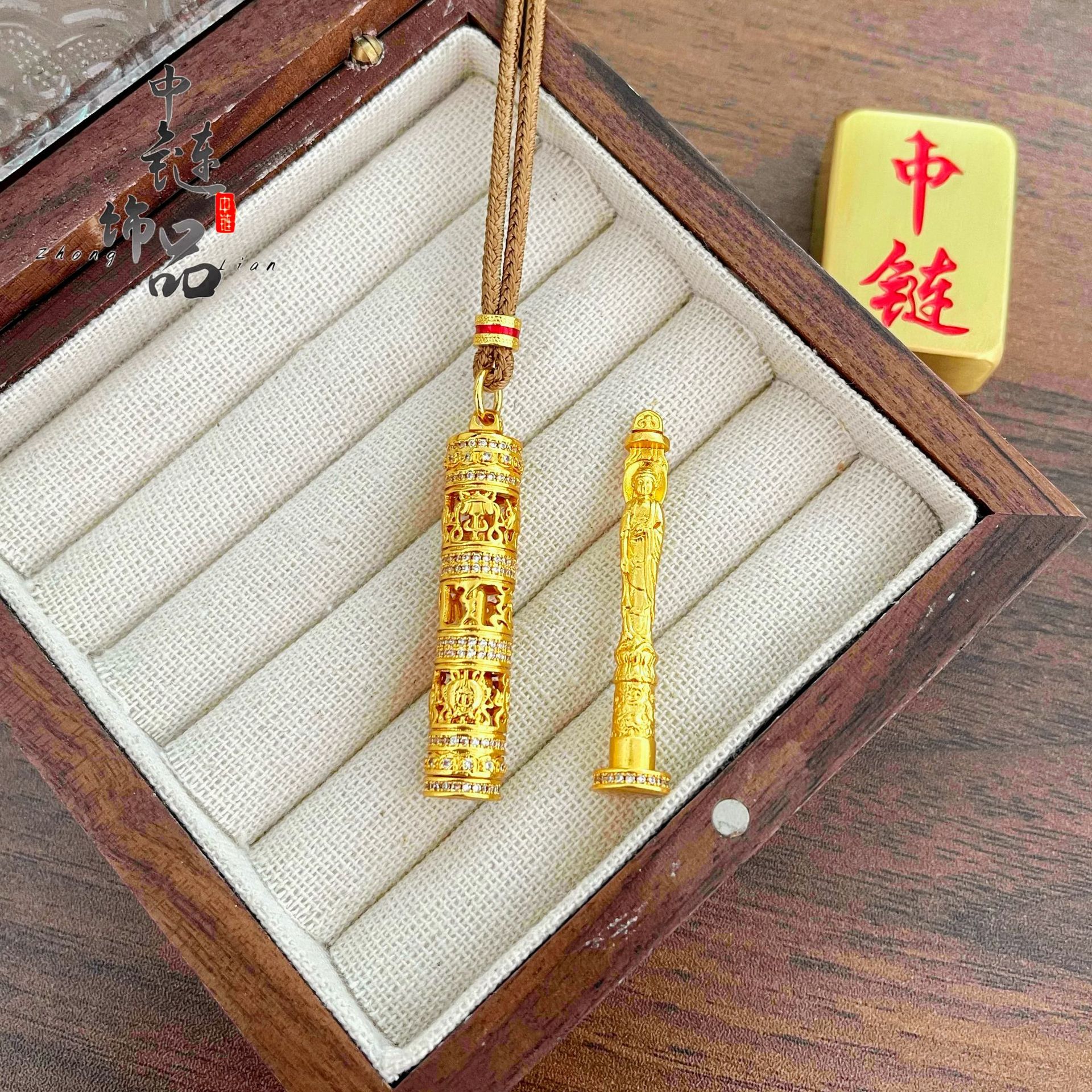 Gold Store's Same Style Ancient Sand Gold Inlaid with Diamonds and Eight Treasures Portable Buddha Pendant with High Color Retention Copper Gold-Plated Portable Buddha Pendant Wholesale