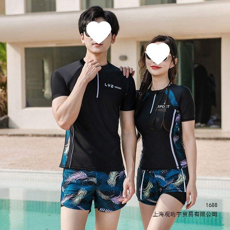 New couple swimsuit two-piece set with flattering shorts, conceals tummy and slimming effect, plus size women's swimsuit, sun protection men's swimwear