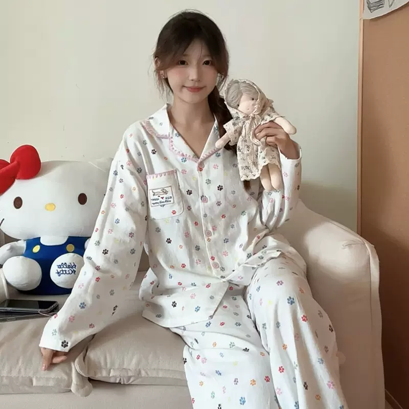 2025秋冬可爱彩色狗狗爪印纯棉磨毛家居服可外穿长袖粉色包边睡衣