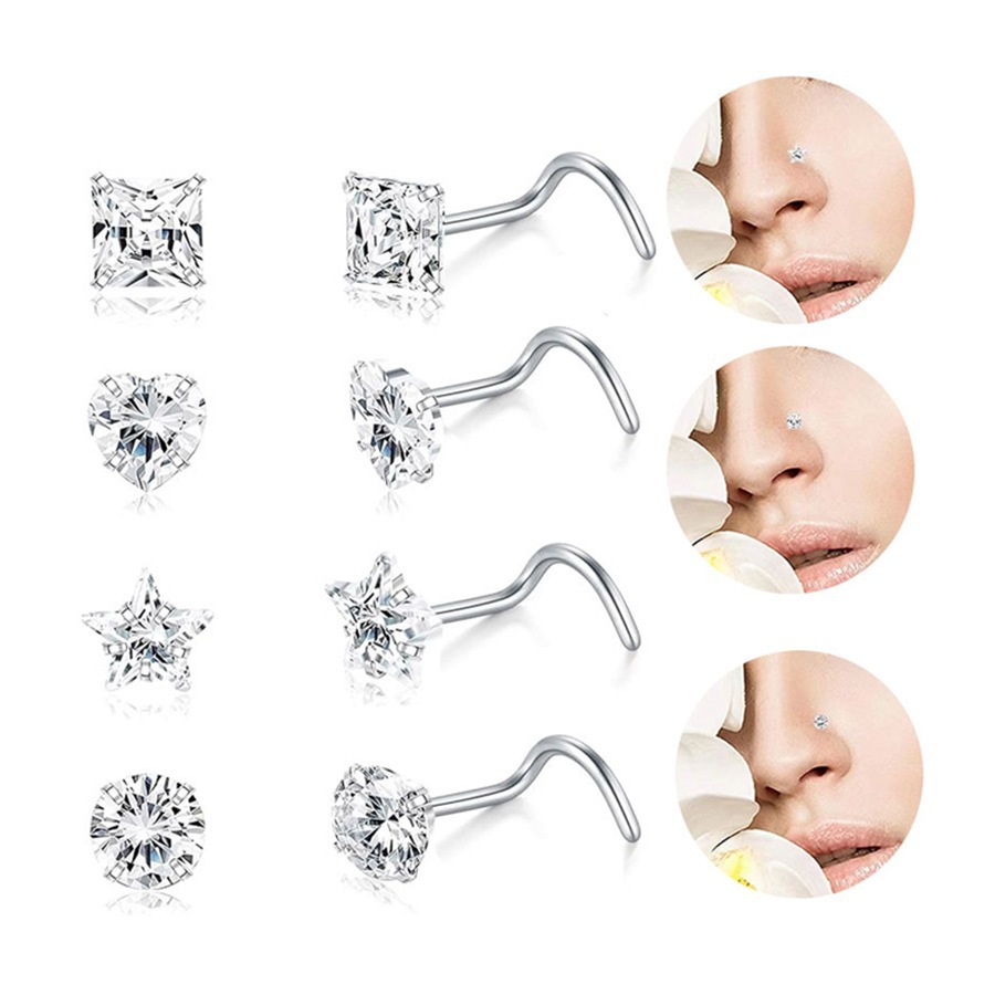 Titanium Steel Curved Stud Five-Pointed Star Square Heart L S Rod Ring Mini Inlaid Stone Girl Facial Nose Jewelry_voghion.com