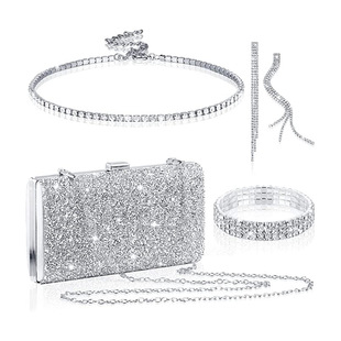 European and American bridal rhinestone necklace tassel earring diamond bracelet diamond square box evening bag jewelry suit four-piece set