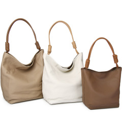 Leather Bucket Bag for Women - New Model Tote Bag with Macrame Rope, Soft Top-Grained Calfskin, Retro Lazy Style Underarm Bag, Handbag