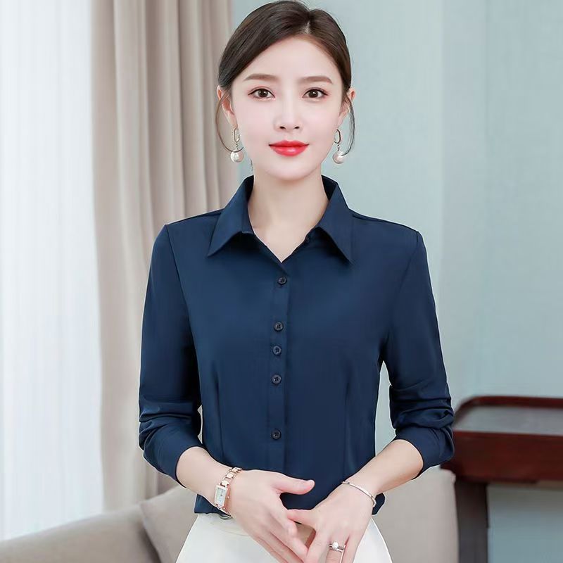 New Arrival Hidden Blue Shirt Women's Long-Sleeved Slim-Fit Business Wear plus size Overalls Korean Style Fashionable Base Shirt
