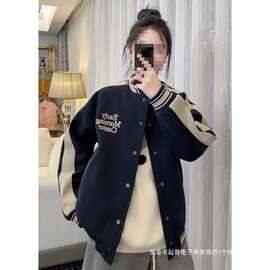 美式复古棒球服外套女秋冬季撞色设计感宽松显瘦加绒加厚夹克上衣