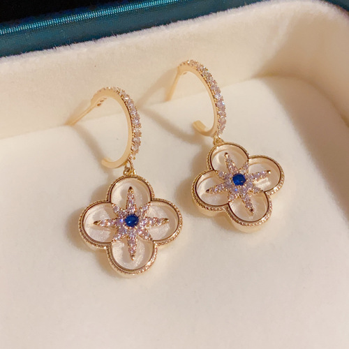 S925 Silver Needle Korean-Chinese Style Fashion Light Luxury C-Shaped Earrings for Women with Zirconia Star and Four-Leaf Clover Drop Earrings Wholesale