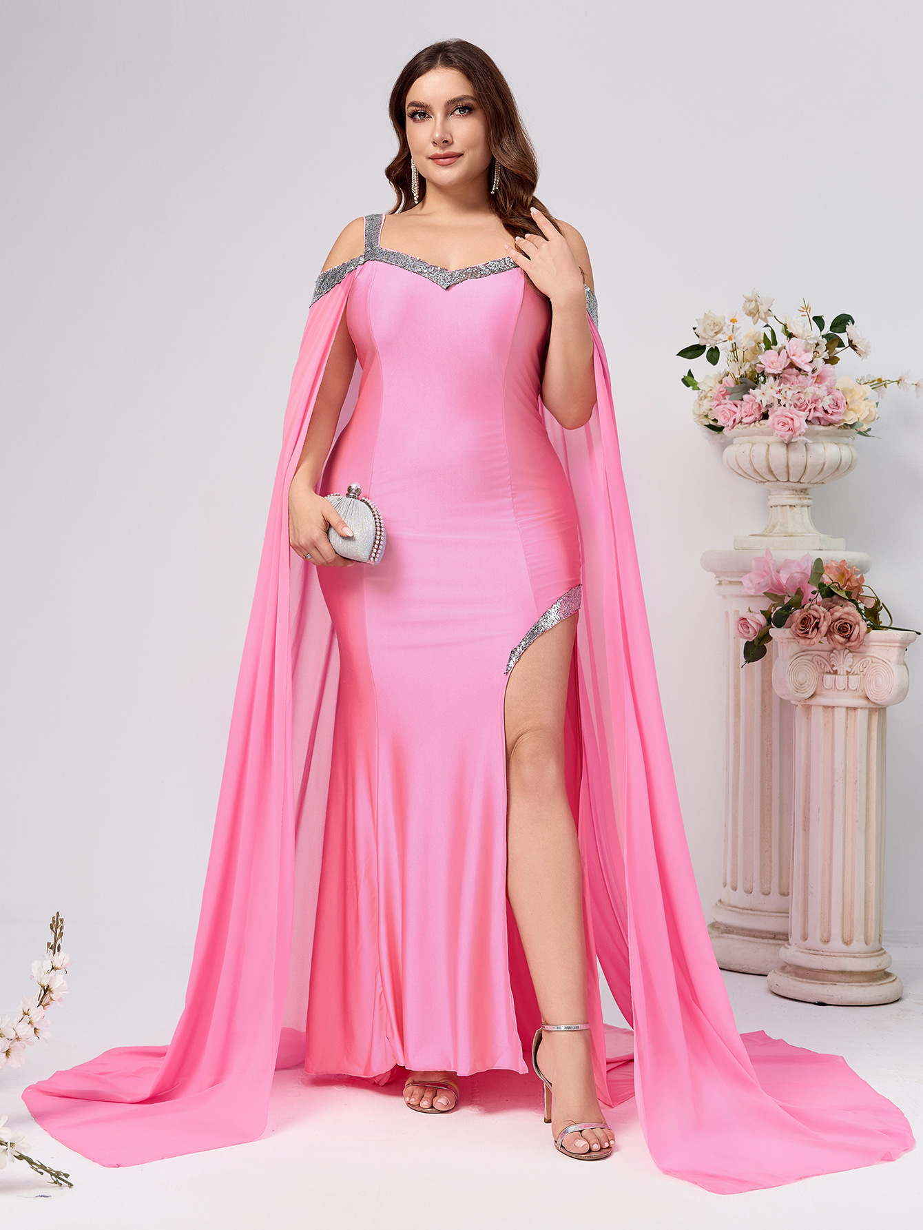 Vestido de talla grande Comercio exterior Europa y América Nuevo Amazon Nuevo producto honda lentejuelas Vestido de cola de color sólido image 2