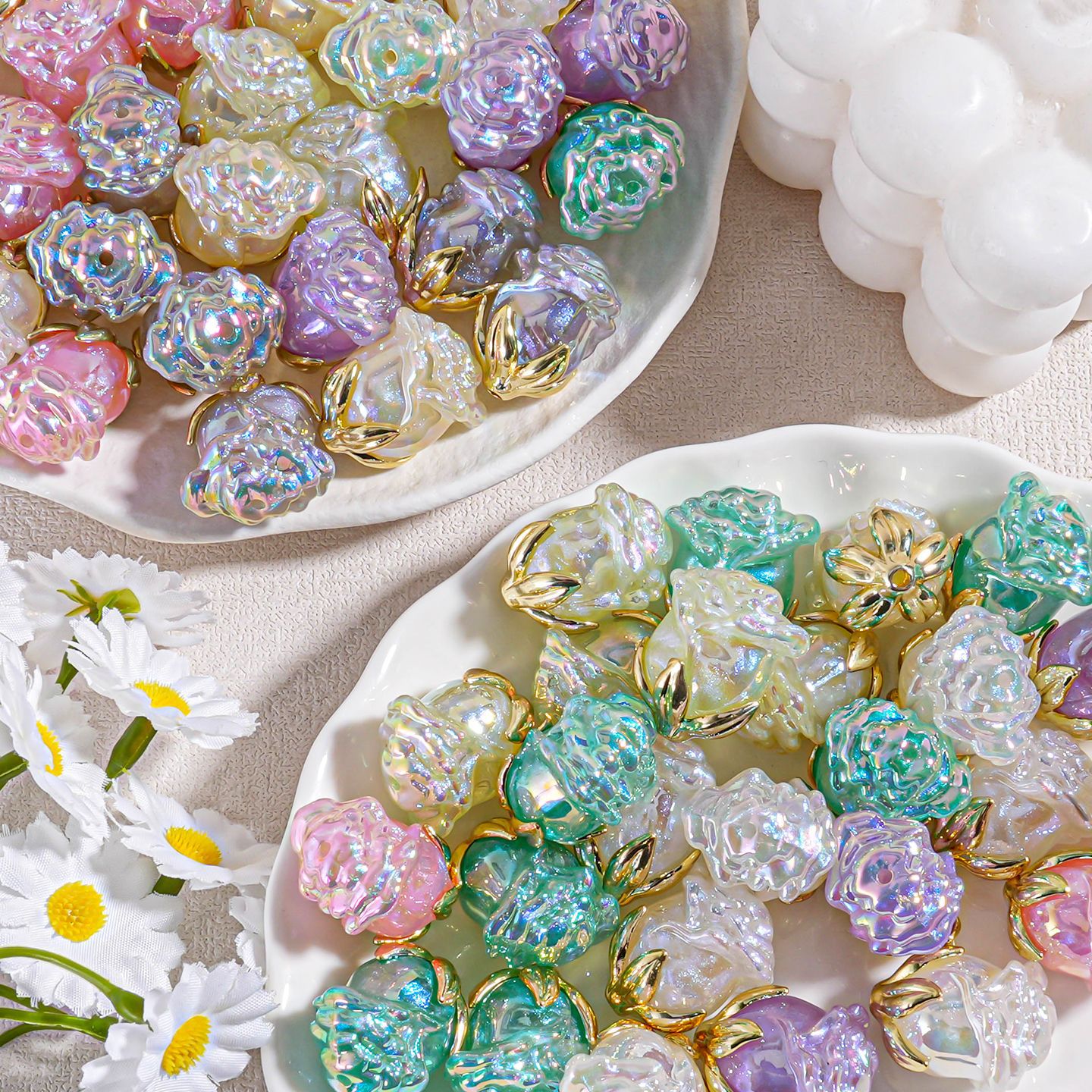 【Versión que brilla en la oscuridad, paquete de 6】Cuentas de Flores de Rosa con Destellos Finos de Sirena, Cuentas Sueltas para Manualidades, Material para Hacer Cadenas de Teléfono, Accesorios DIY