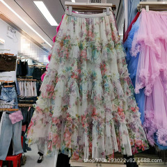 重工砕花網紗スカート大サイズ女装中長タイプ高腰A字蓬蓬ケーキ不規則スカート