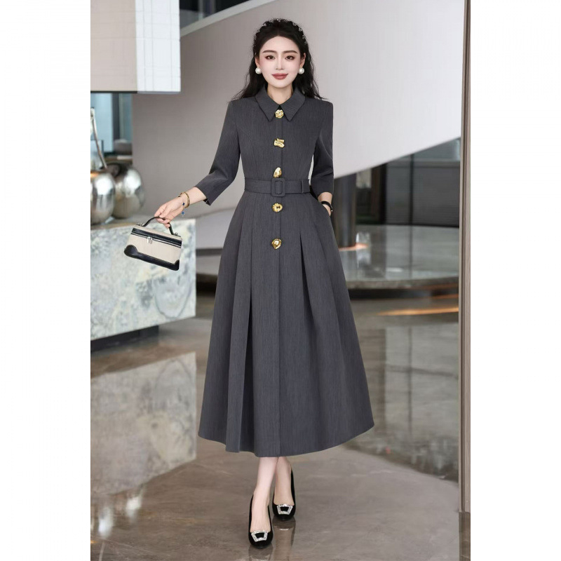 European and American French Fashion Elegant Golden Big Button Waist Slimming Look Elegant Small Lapel Dress Formal Occasion Long Skirt
