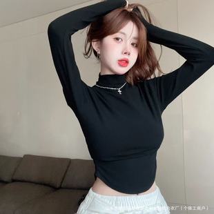 2025 New Brushed Velvet Half Turtleneck Long-Sleeved T-Shirt Winter Slimming Look Pleated Bottoming Shirt Top