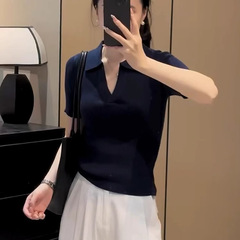 韩系简约纯色Polo领短袖小衫2025夏季新款小众设计感修身显瘦上衣