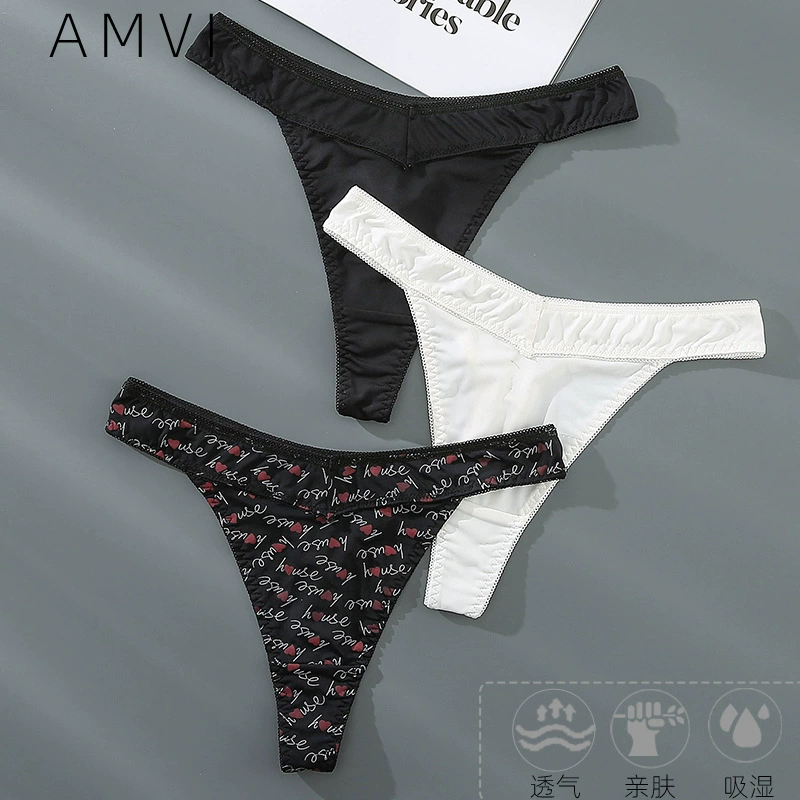 Комплект сексуальных хлопковых thong-танг Panties - низкая талия бикини, черный/белый/печать, размеры L-4XL