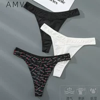 Комплект сексуальных хлопковых thong-танг Panties - низкая талия бикини, черный/белый/печать, размеры L-4XL