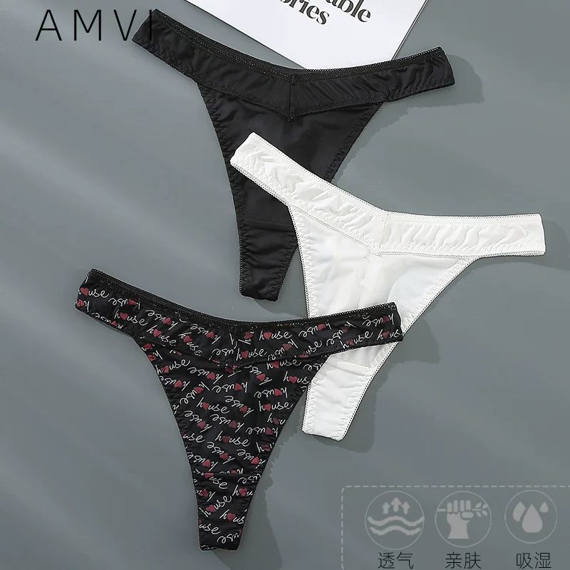 Комплект сексуальных хлопковых thong-танг Panties - низкая талия бикини, черный/белый/печать, размеры L-4XL