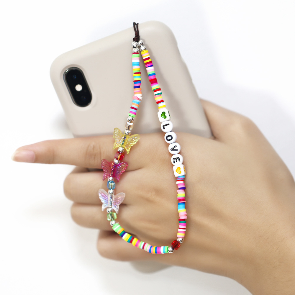 new letters LOVE butterfly mobile phone lanyard bohemian color soft ceramic mobile phone chainpicture2
