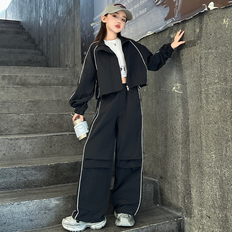 소녀 가을 착용 세트 2024 새로운 유행 서양식 중 큰 어린이 가을 한국 스타일 작업복 바지 캐주얼 투피스 세트