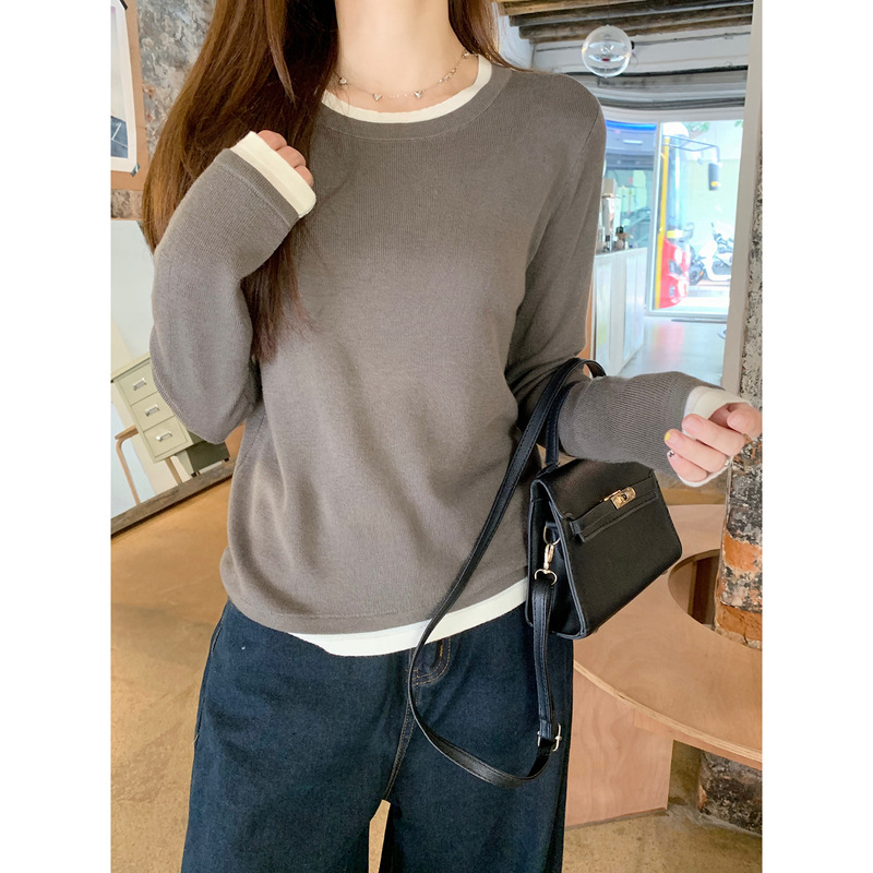 实拍秋季新款韩版撞色圆领假两件宽松休闲针织衫长袖上衣女87660|undefined