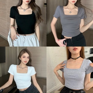 New Solid Color Pure Desire Style Square Collar Slim-fit Outer Wear Sexy Fixed Cup Short Navel-exposed Short-sleeved Women's Top T-shirt