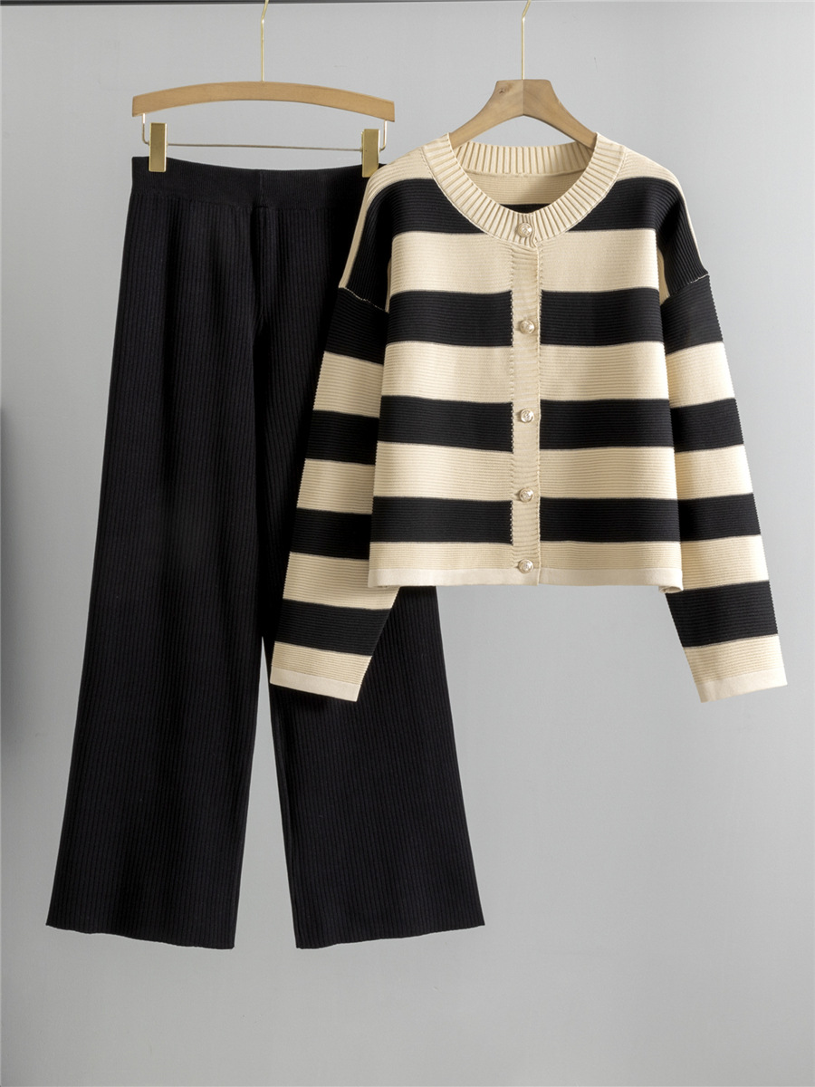 Cross-Border Amazon Foreign Trade Autumn and Winter Suit for Women, Loose and Fragrant Style, Short Striped Sweater Two-Piece Set