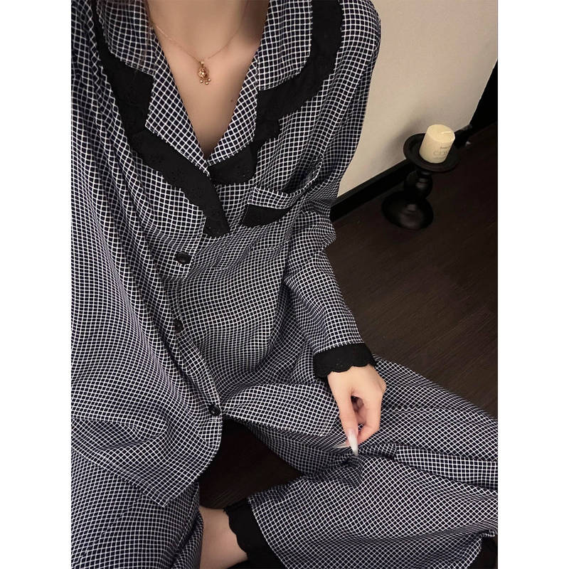 日系复古休闲条纹蕾丝边睡衣女2025新款长袖长裤可外穿家居服套装|undefined
