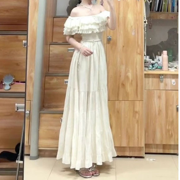 French White Ruffled One-Shoulder Suspender Dress for Women Summer New Seaside Resort Style Waist Long Skirt