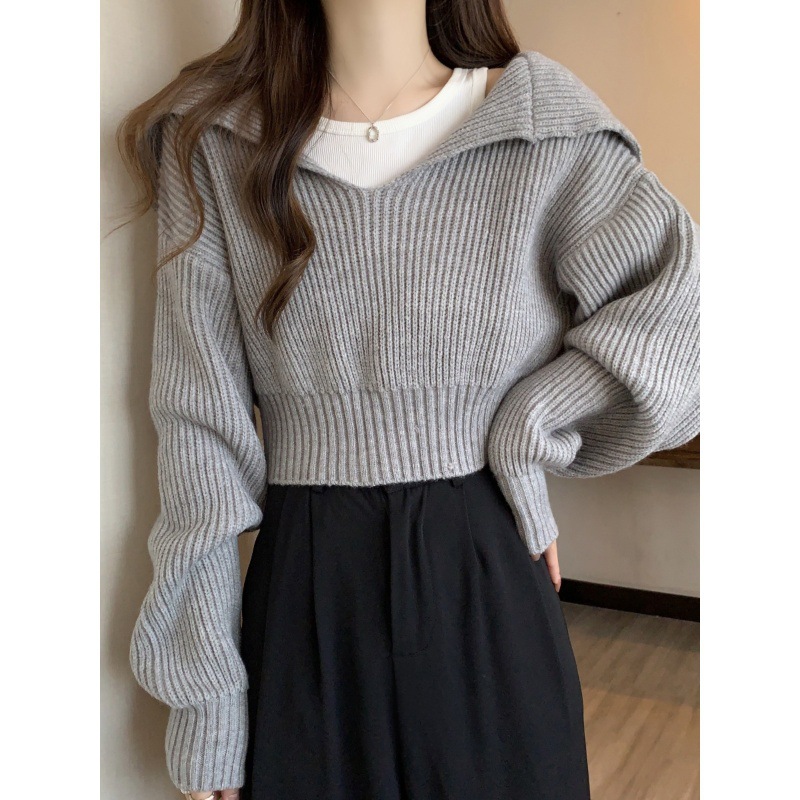 Knitted Sweater for Women Spring & Fall New Style Small Loose Lazy Short Outer Wear Pullover Long-Sleeved Sweater