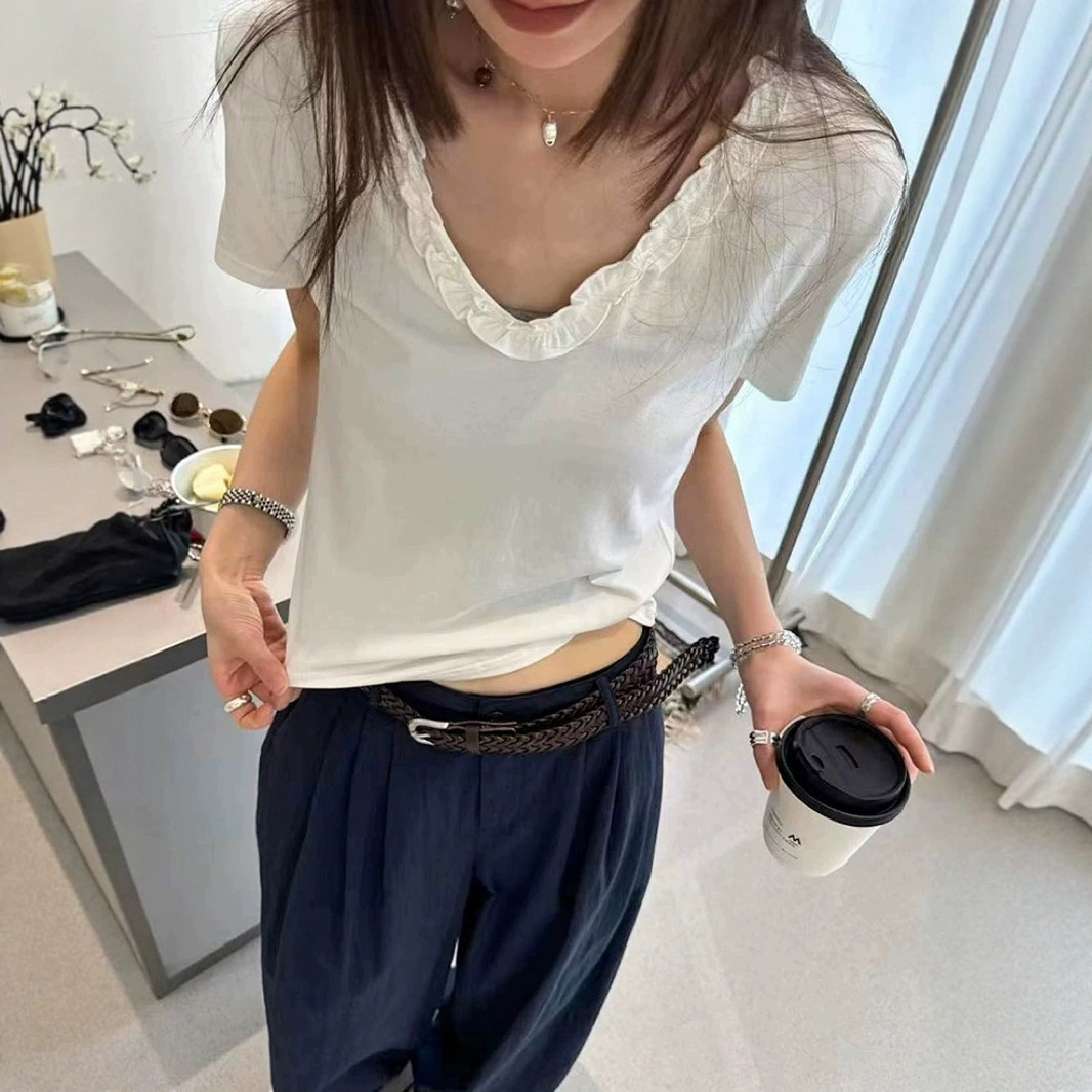 夏季新款木耳边拼接V领短袖T恤女25930