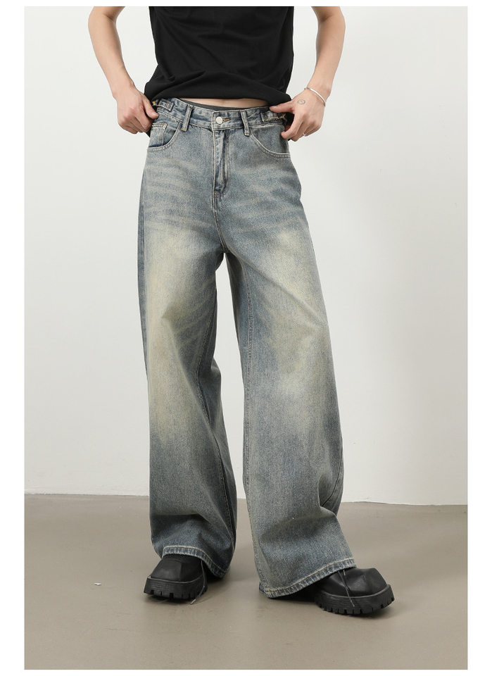 Quần jeans nam ống rộng dáng thẳng phong cách retro, chất denim cotton thoải mái — màu xanh chi tiết 12