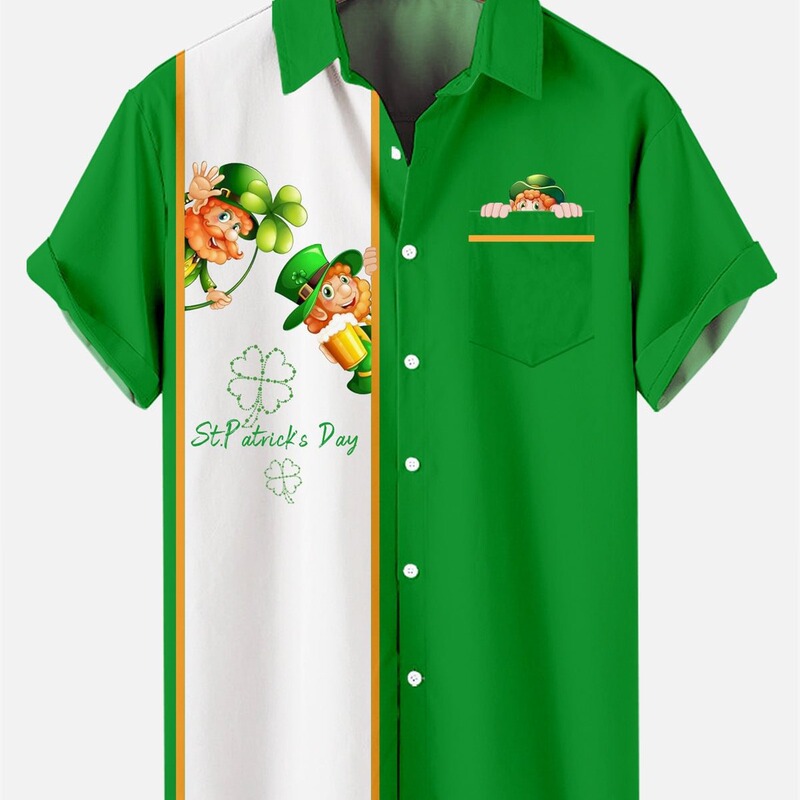 European and American Cross-Border Fashion Casual 3D Digital Print St. Patrick's Day Clover Hawaiian Men's Short-Sleeved Shirt