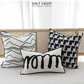 现代简约抽象黑白抱枕客厅沙发靠枕毛巾绣波点靠垫样板房腰枕